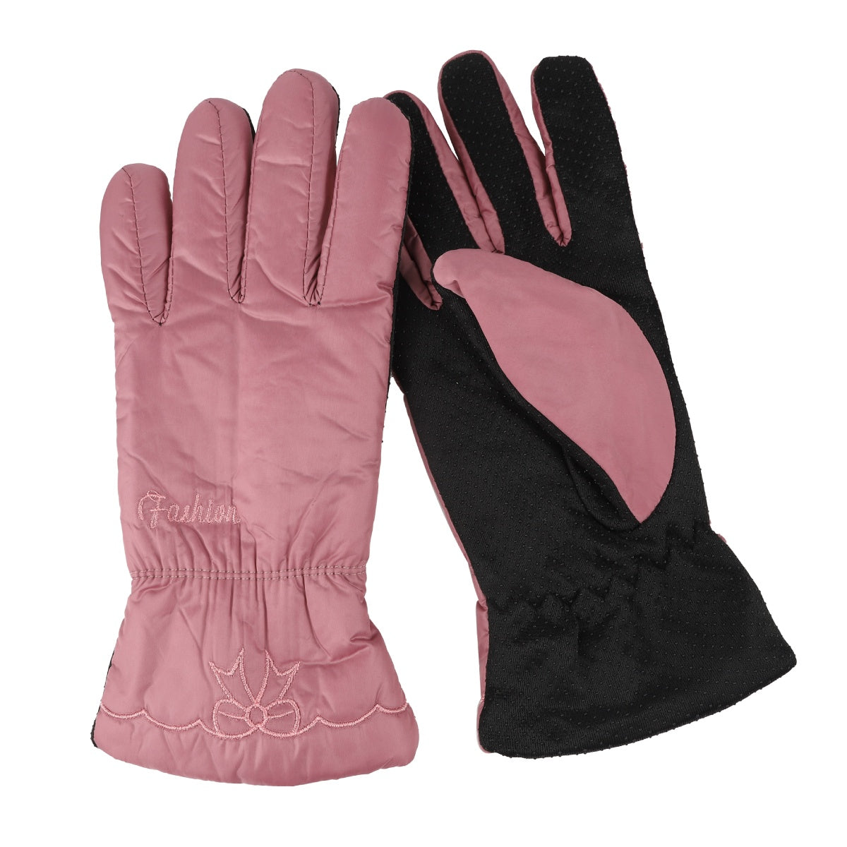 Pink and black insulated gloves with curved palm grip and gathered wrist.