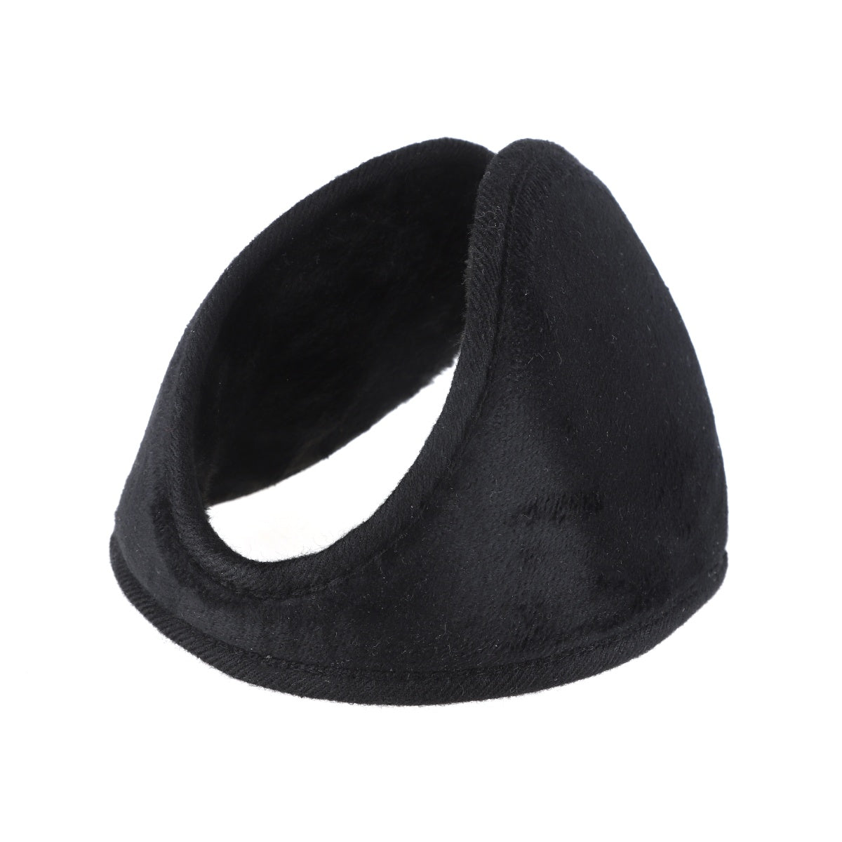 Side view of black fleece ear muffs with foldable headband.