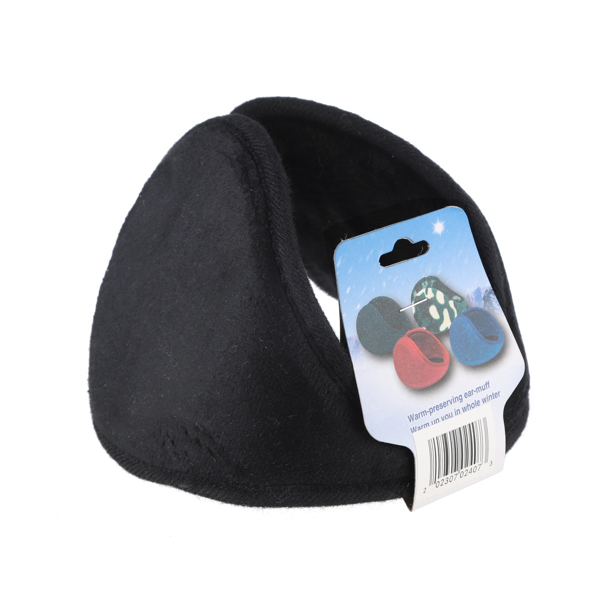 Black foldable winter earmuffs with product label and fleece interior.