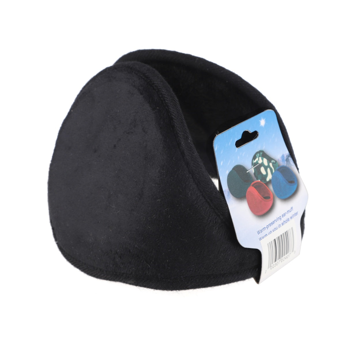 Angled black earmuffs showing soft padding and attached product tag.