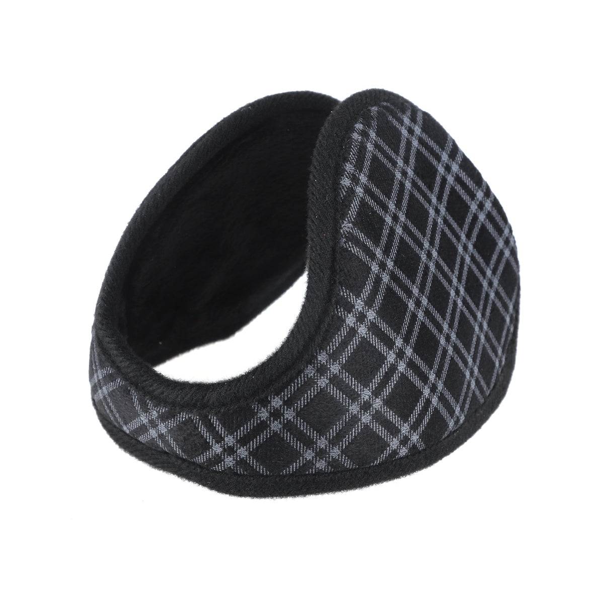 Folded black plaid winter earmuffs with black soft interior.