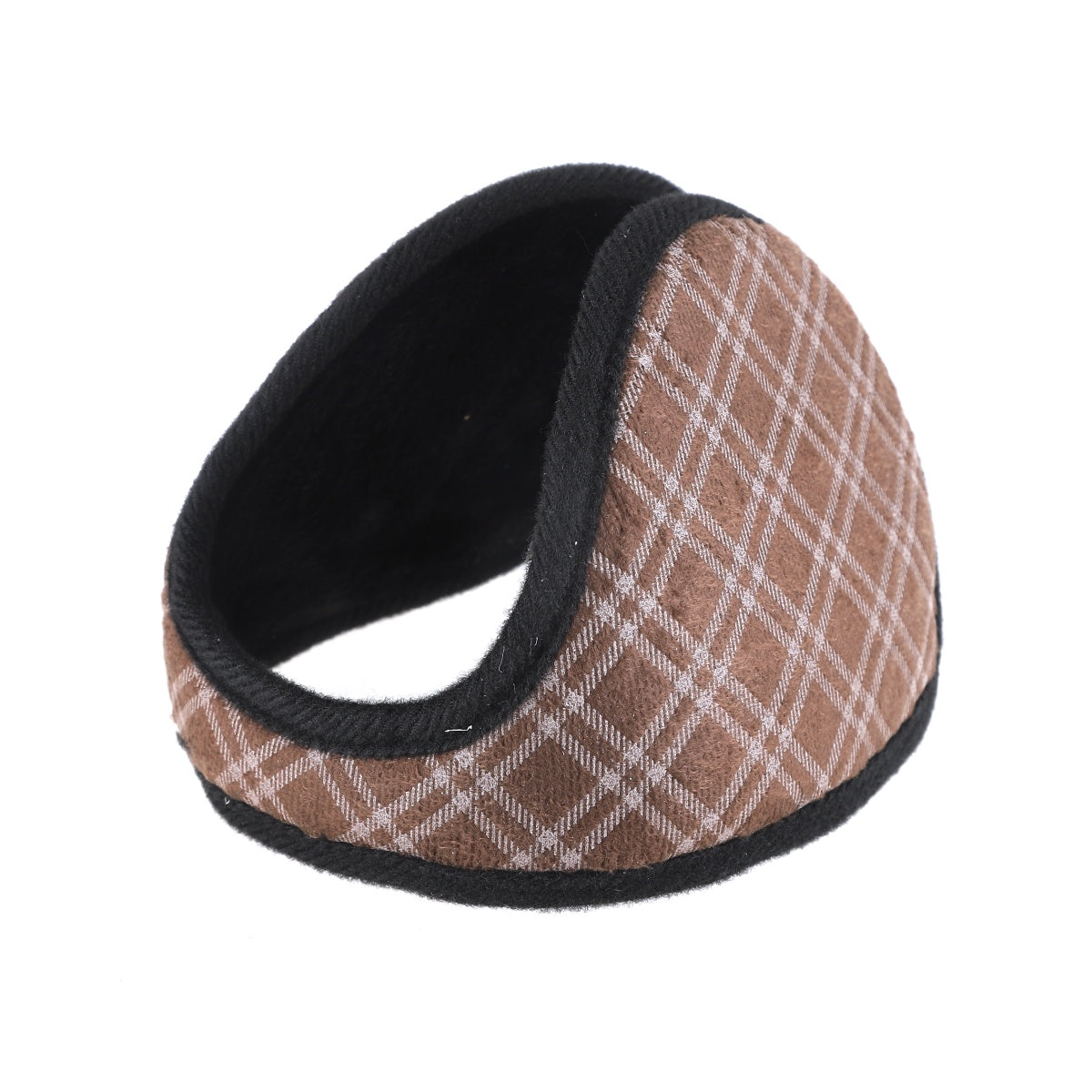 Top view of foldable brown plaid earmuffs with fleece lining.