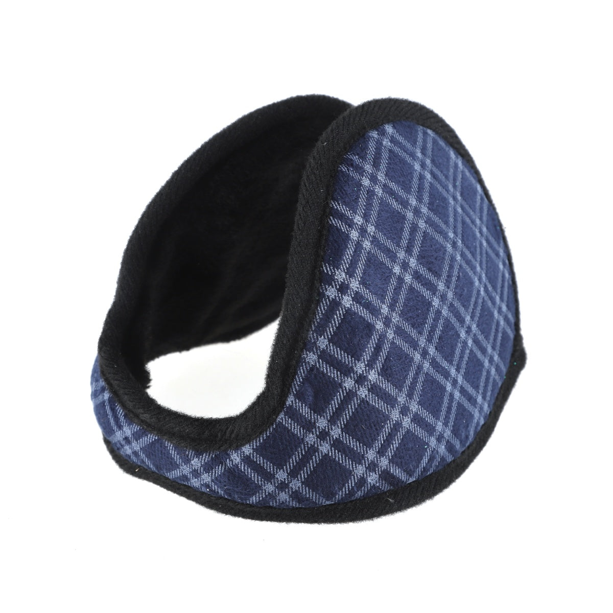 Fully extended view of blue plaid fleece earmuffs.