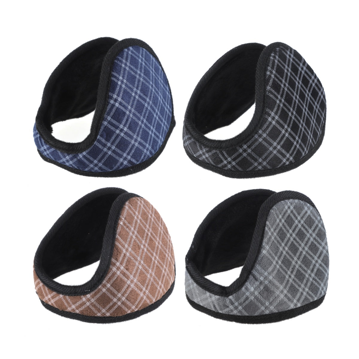 Set of foldable plaid earmuffs in blue, gray, and brown with product labels.