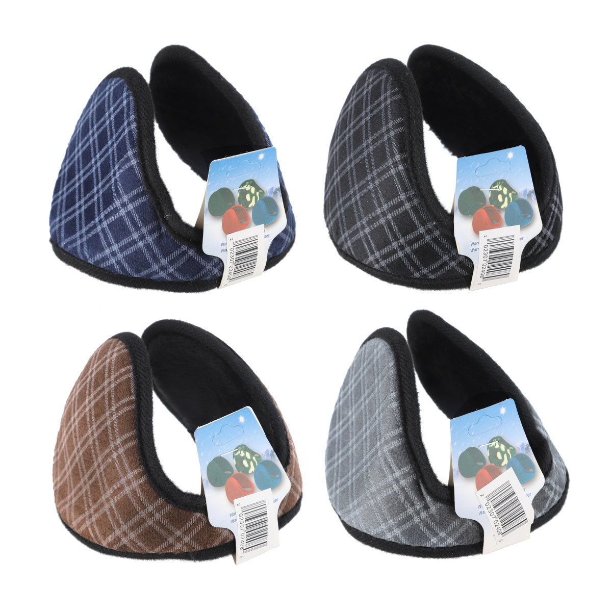 Foldable winter earmuffs in blue and gray plaid with fleece lining and product tags.