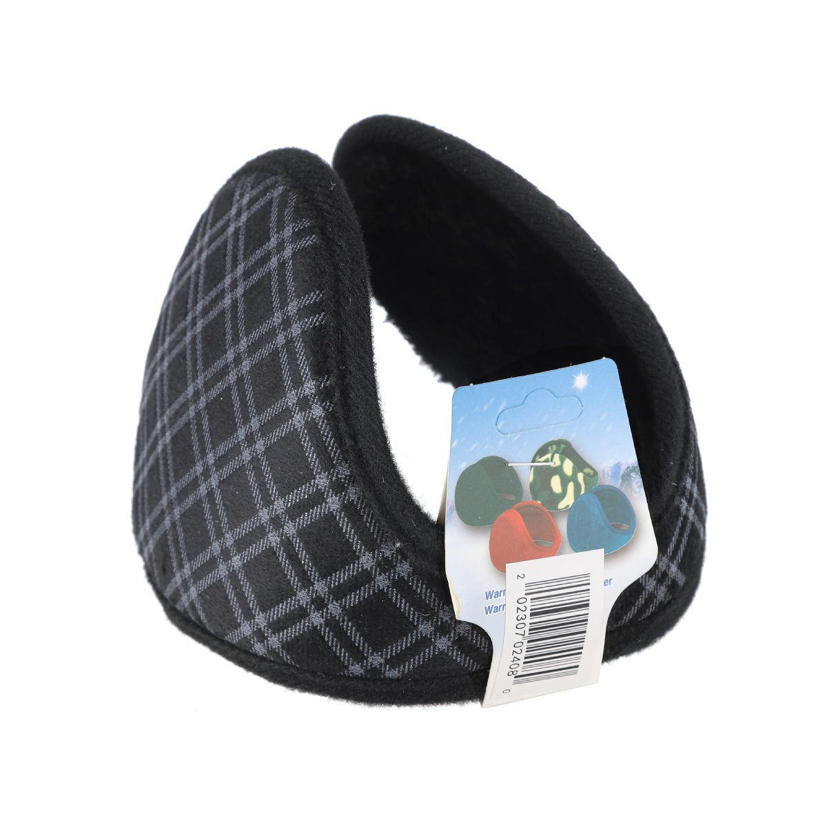 Side view of brown and gray plaid earmuffs with warm fleece interiors.