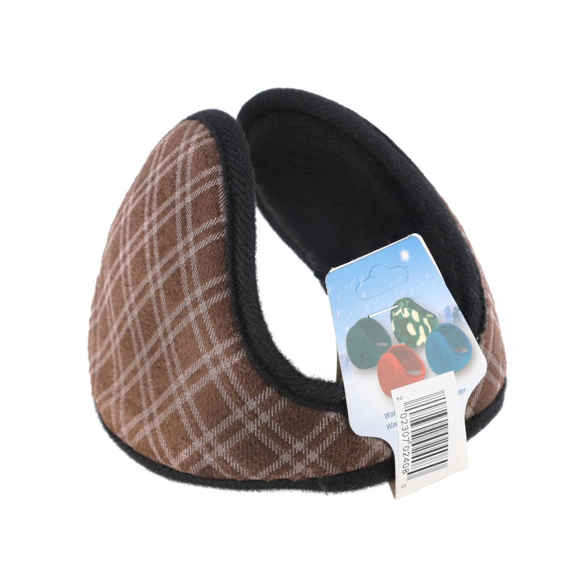 Brown plaid fleece-lined earmuffs featuring a soft interior and product tag.