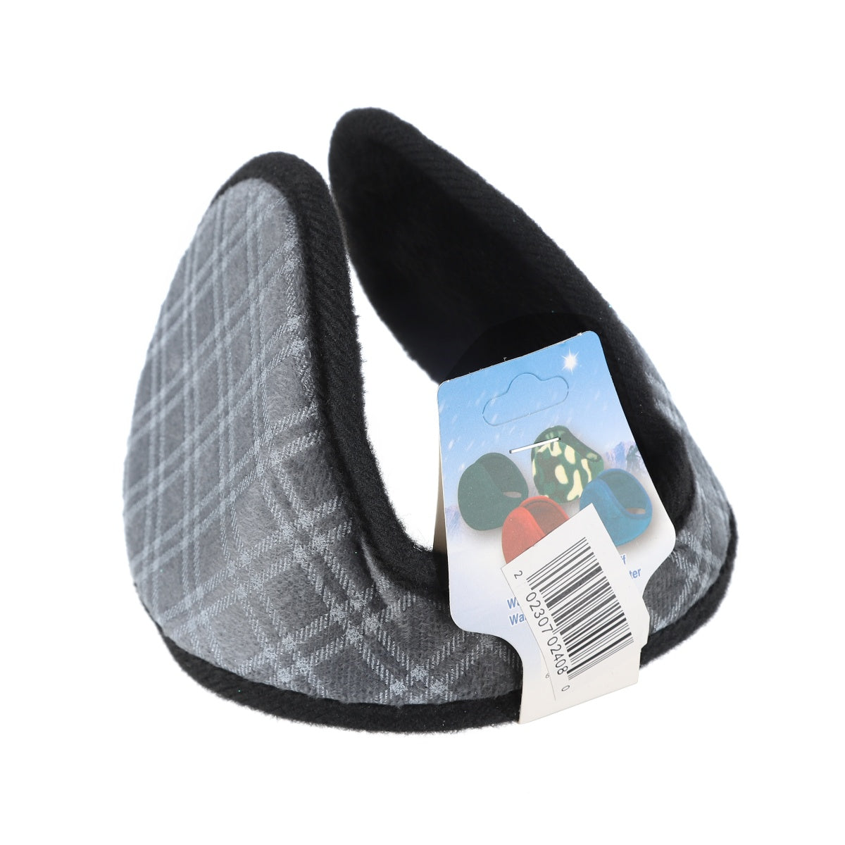 Gray plaid earmuffs with behind-the-head band and cozy fleece lining.