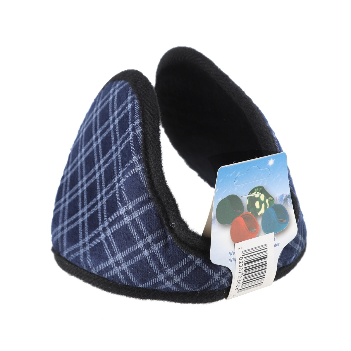Blue plaid winter ear muffs with soft black fleece interior.