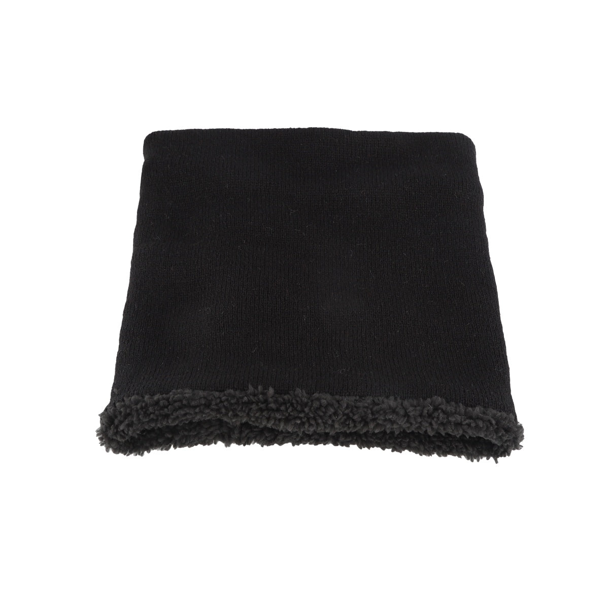 Rear view of folded black fleece scarf with stitched edges.