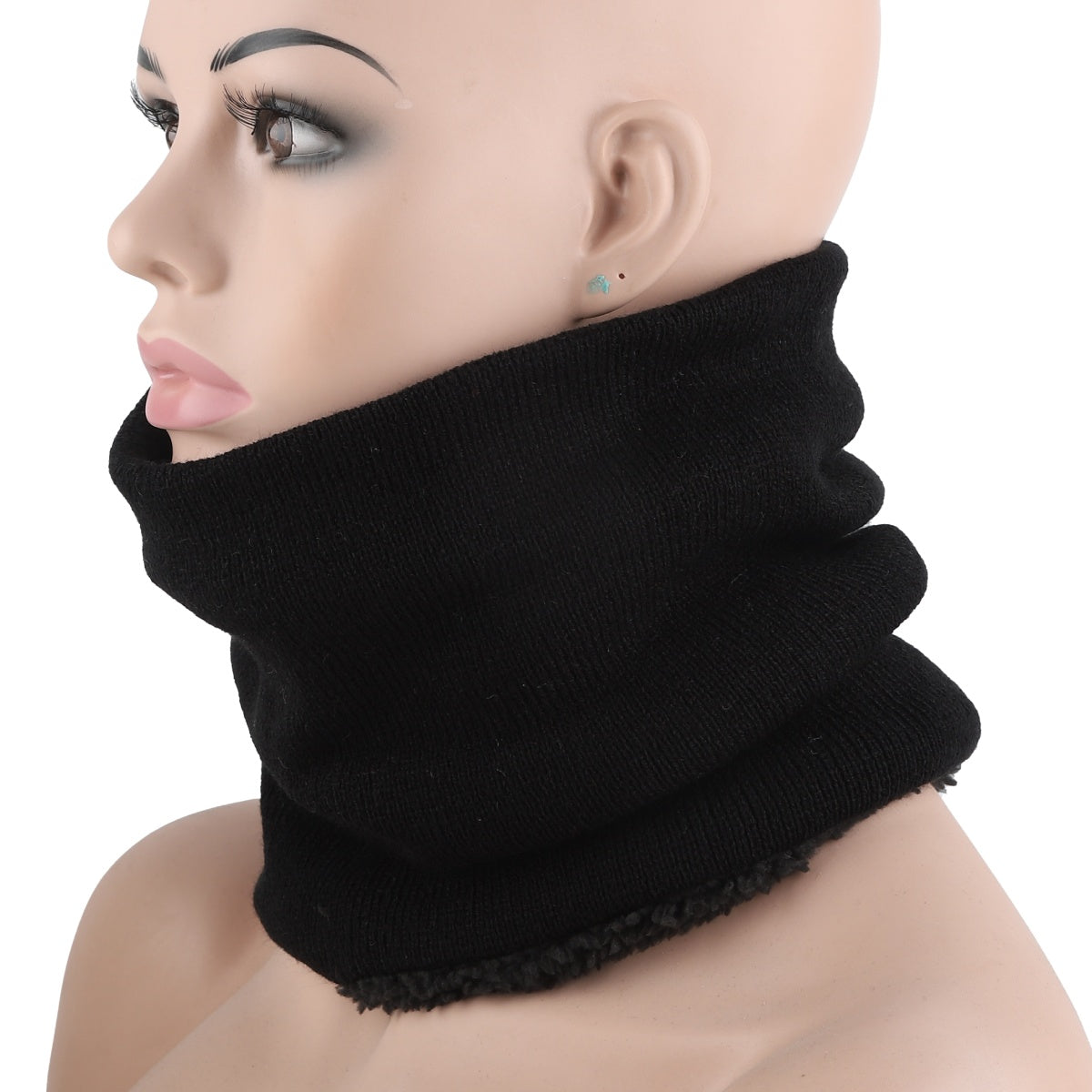 Black fleece neck warmer scarf shown worn on mannequin for thermal coverage.