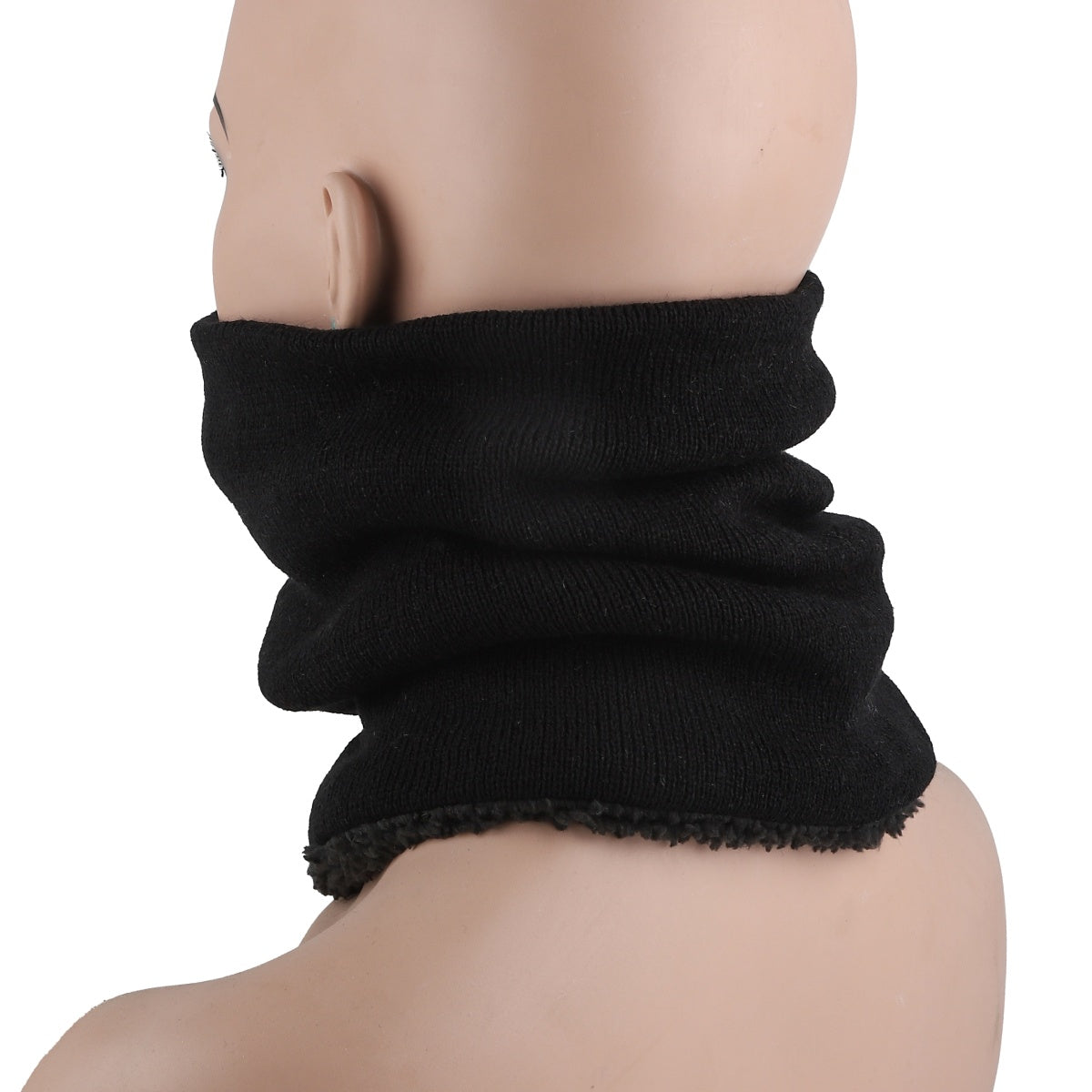 Side view of black fleece neck warmer being worn for winter comfort.