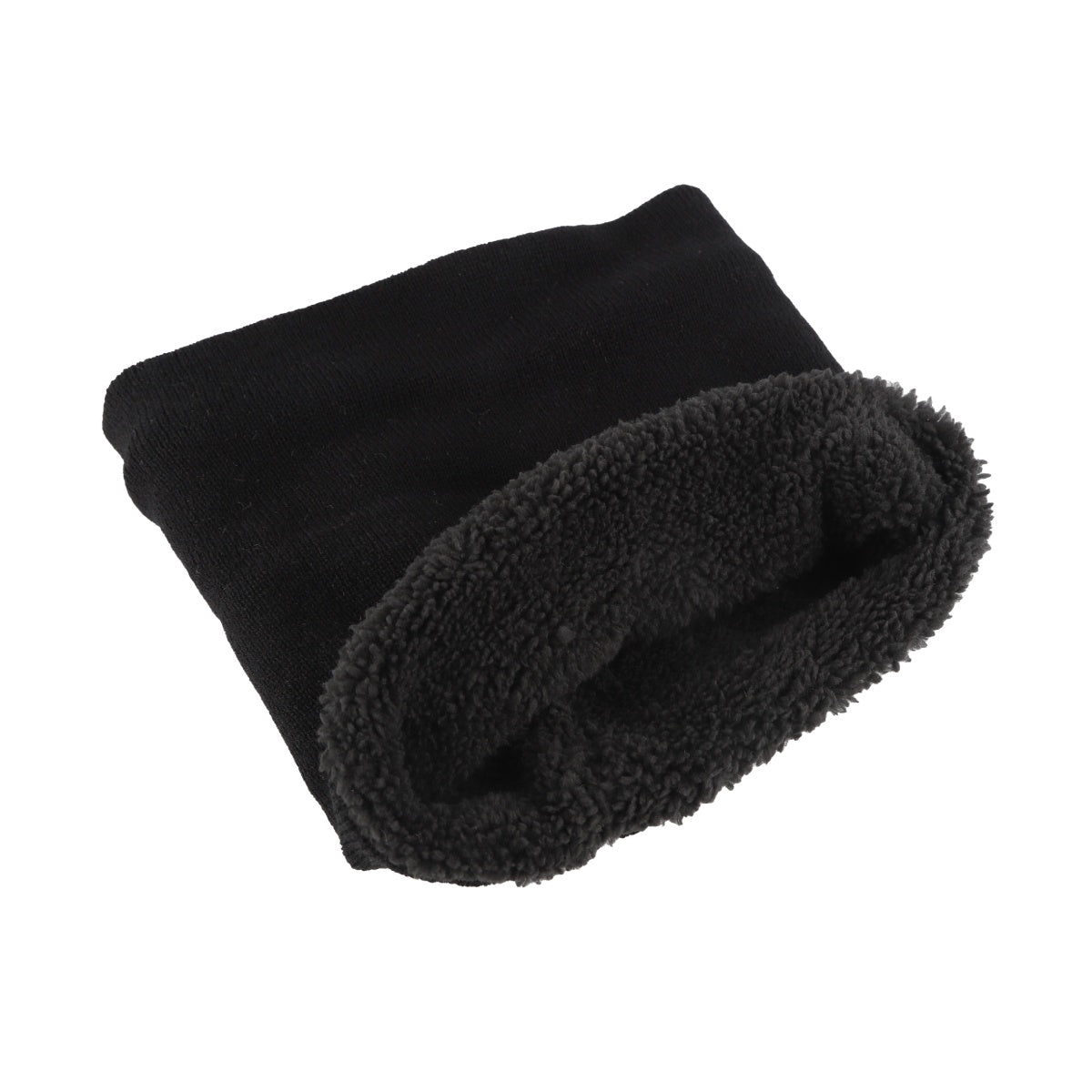Folded black fleece neck scarf with visible soft inner lining.