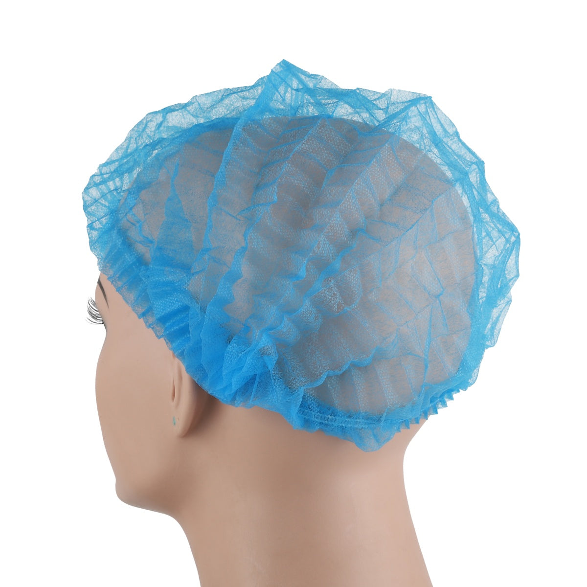 Blue disposable bouffant hair net worn on mannequin head.