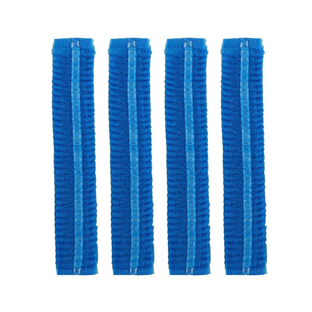 Four compressed blue disposable hair nets standing upright.