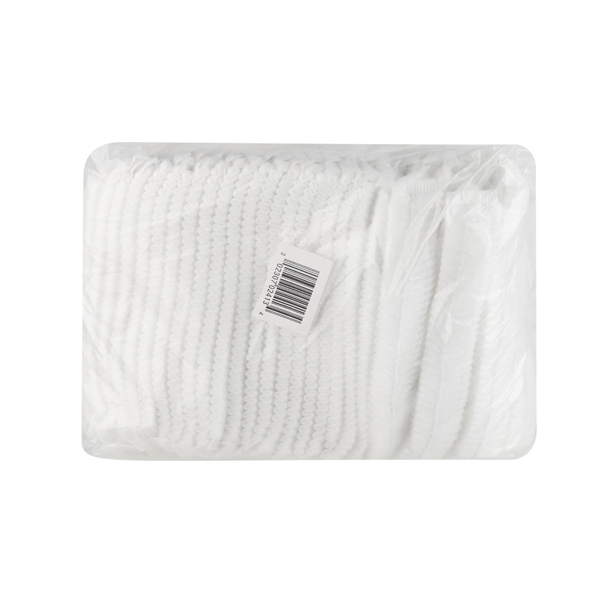 Clear pack of folded white hair nets.