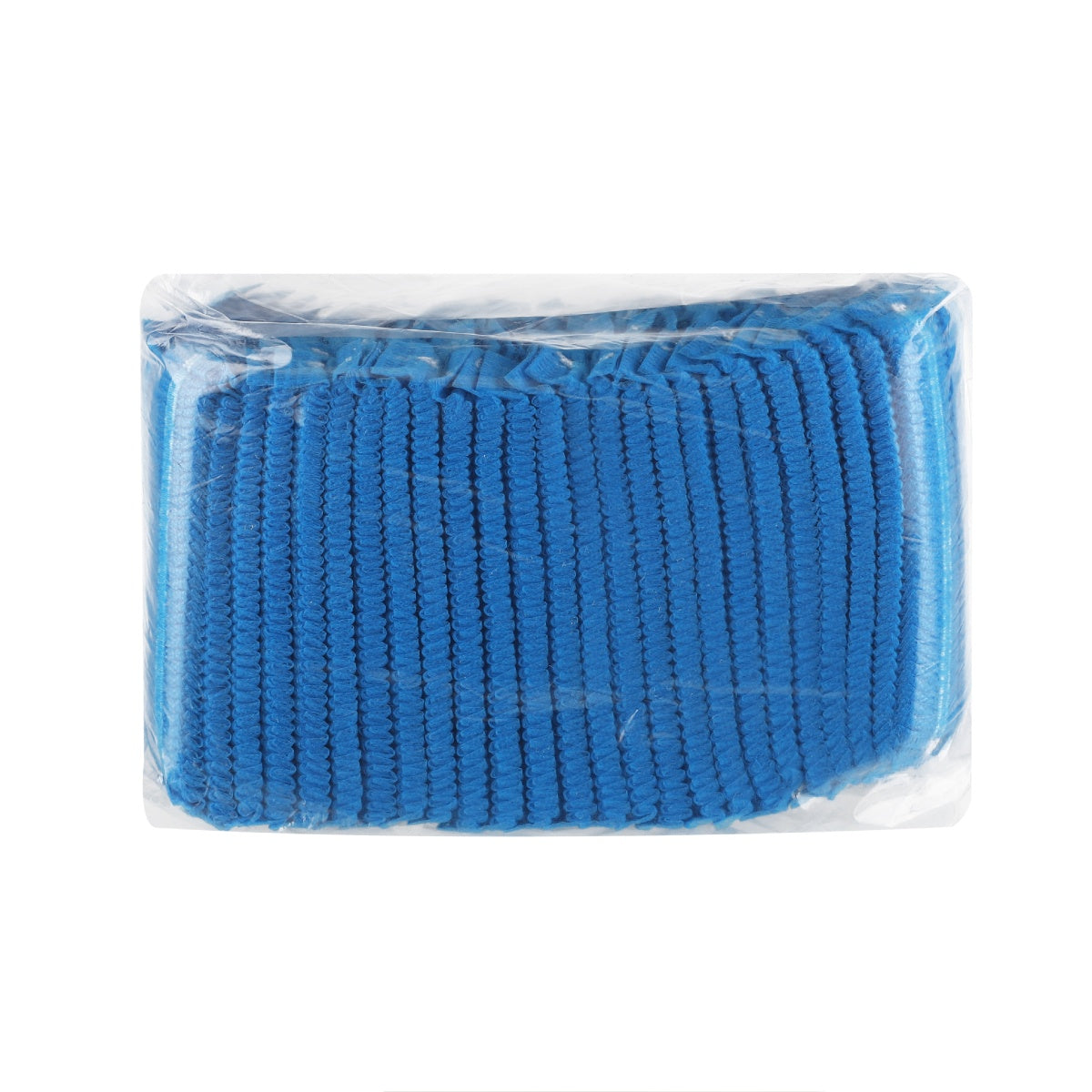 Stack of blue disposable bouffant caps for kitchen use.