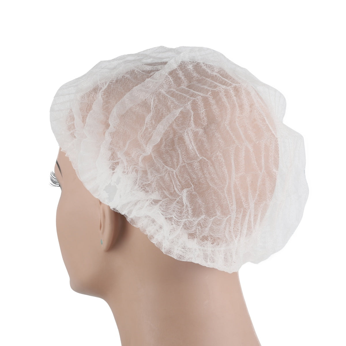 Side profile of white hair net worn on mannequin.