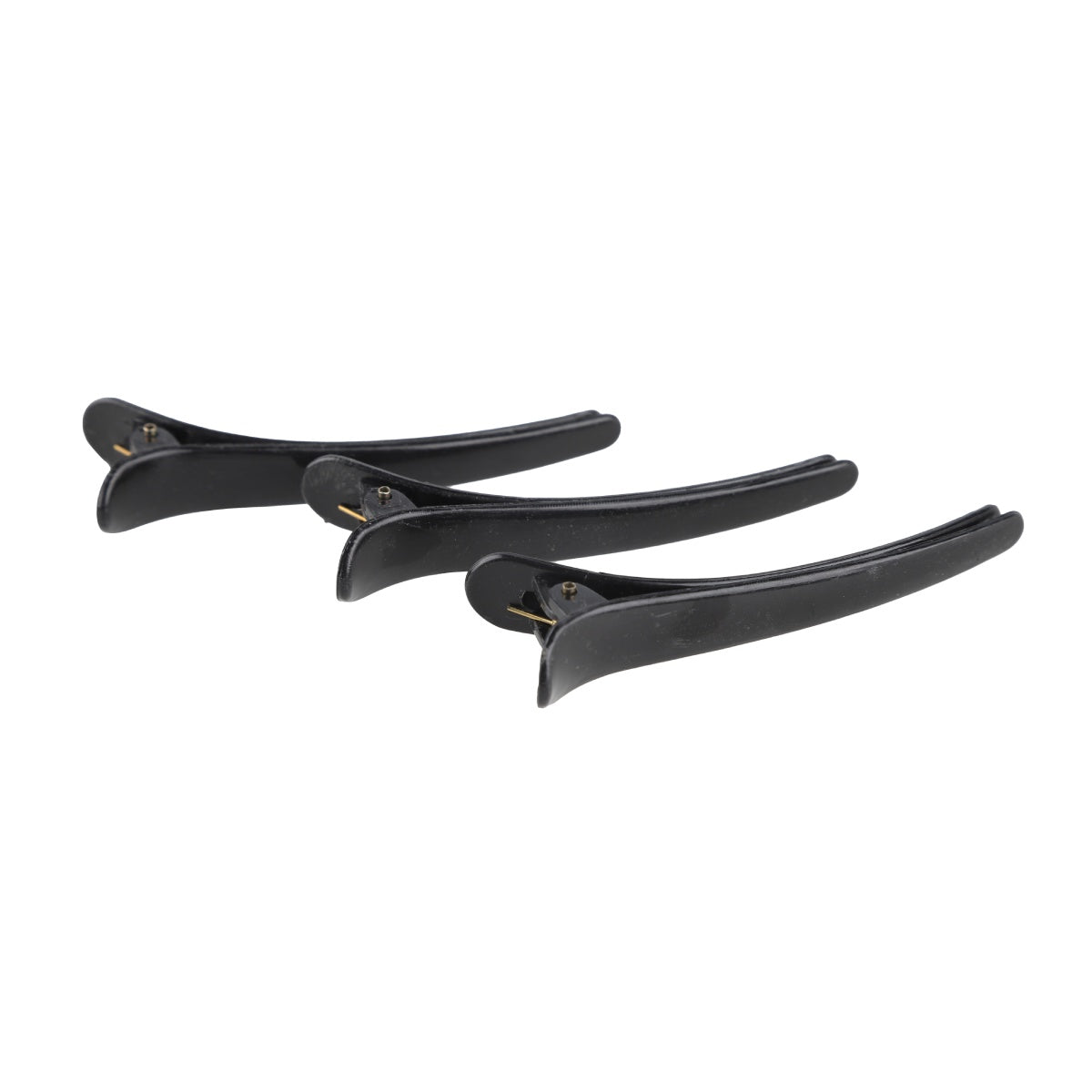 Two black salon hair sectioning clips for coloring and styling.