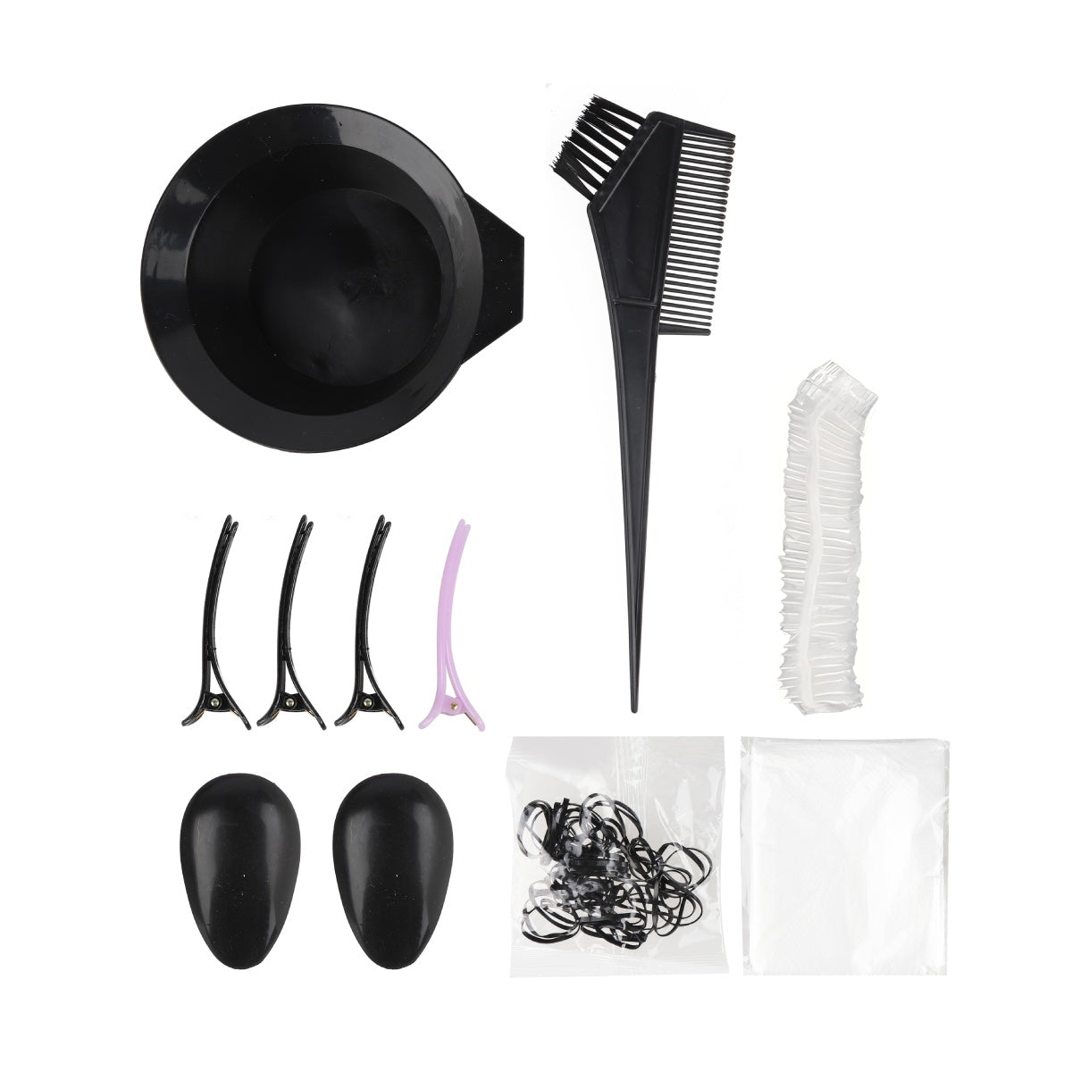 Black 10-piece hair dyeing kit including mixing bowl, brush, gloves, and accessories.