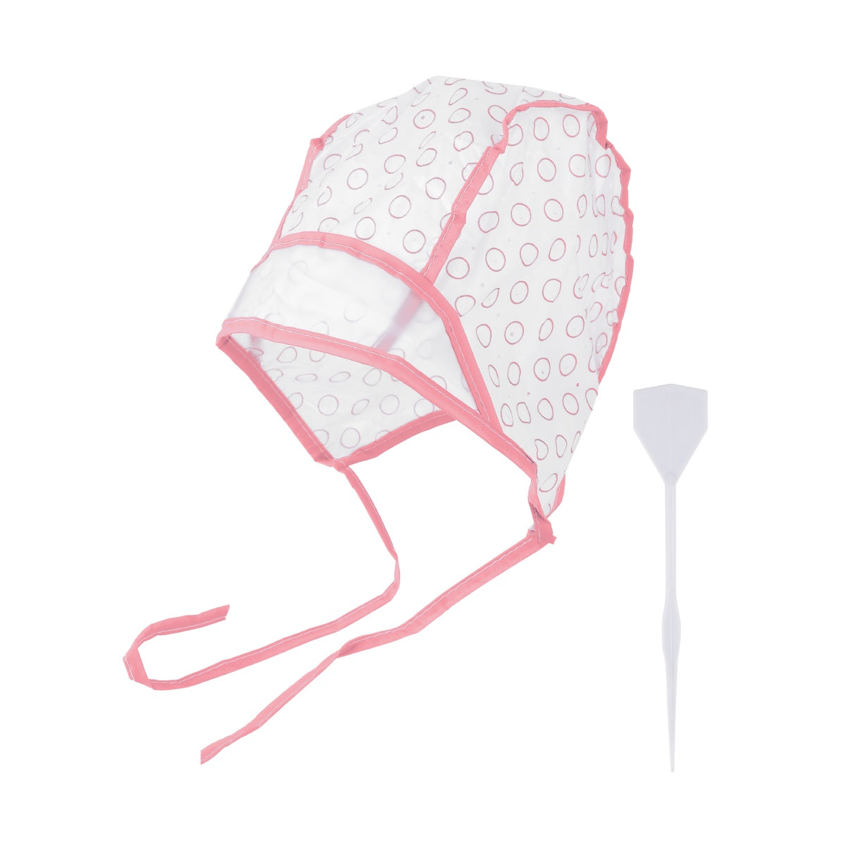 Pink reusable hair highlighting cap with chin strap and metal hook.