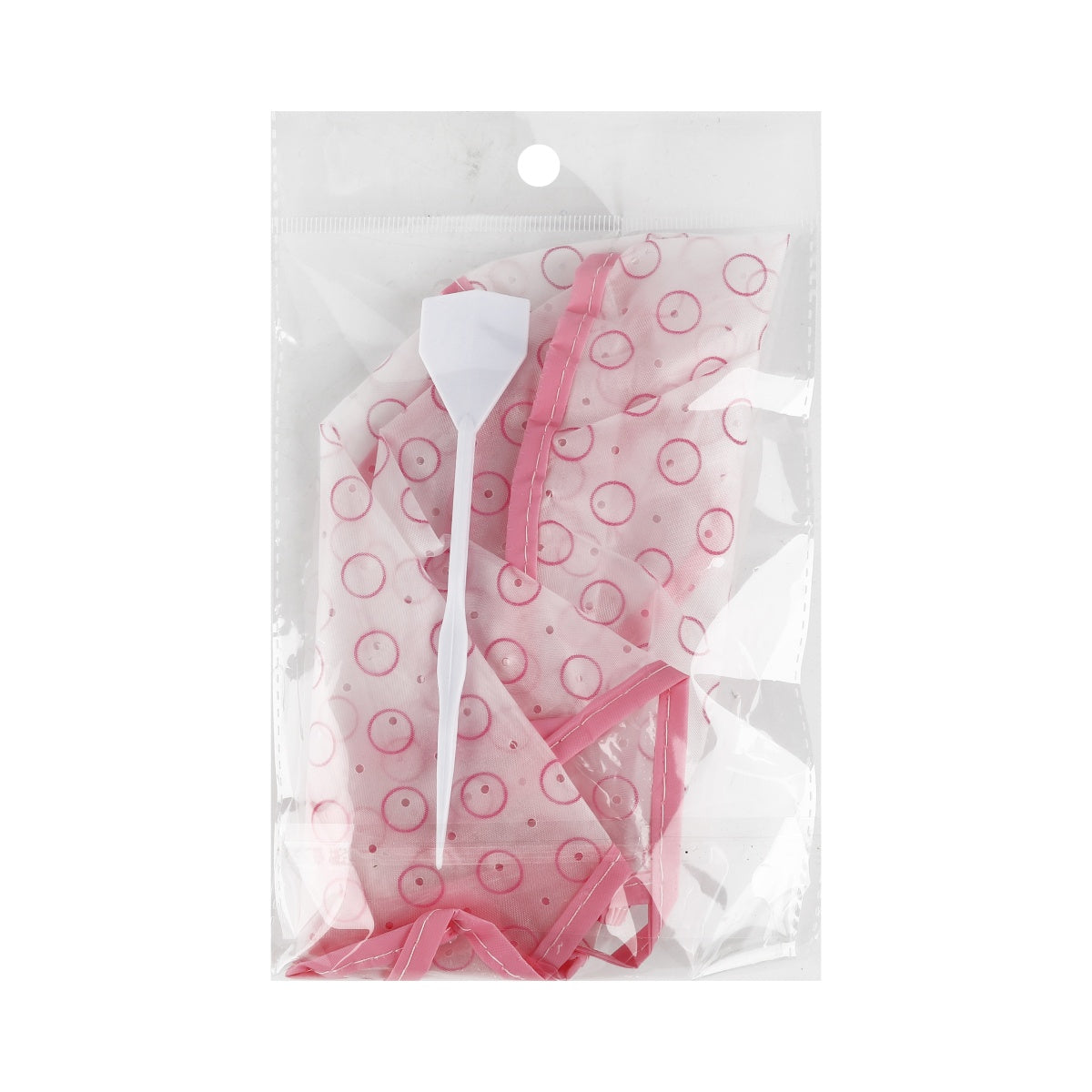 Hair highlighting cap in red with metal hook sealed in clear plastic packaging.