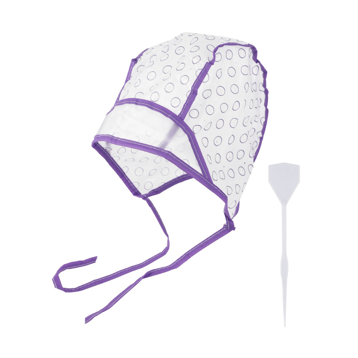 Purple salon hair dye cap with pre-punched holes and metal hook.
