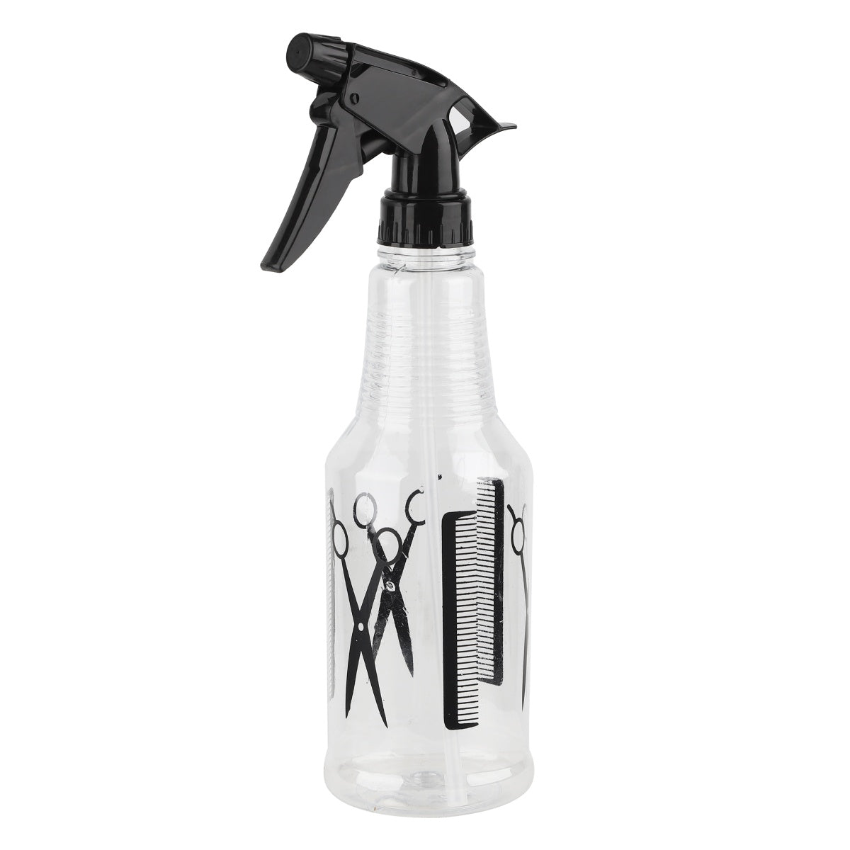 Clear salon spray bottle with black trigger head and printed scissors and comb graphic.