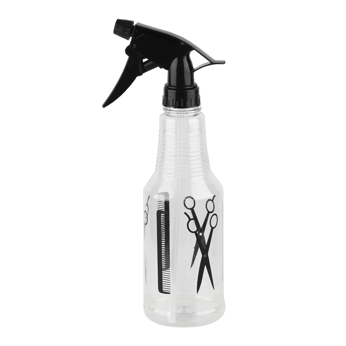 Transparent water mister bottle with salon-themed design, black nozzle.