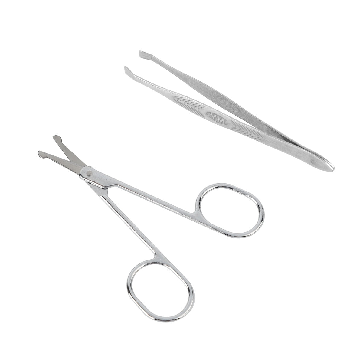 Curved-tip nose hair scissors made of stainless steel.