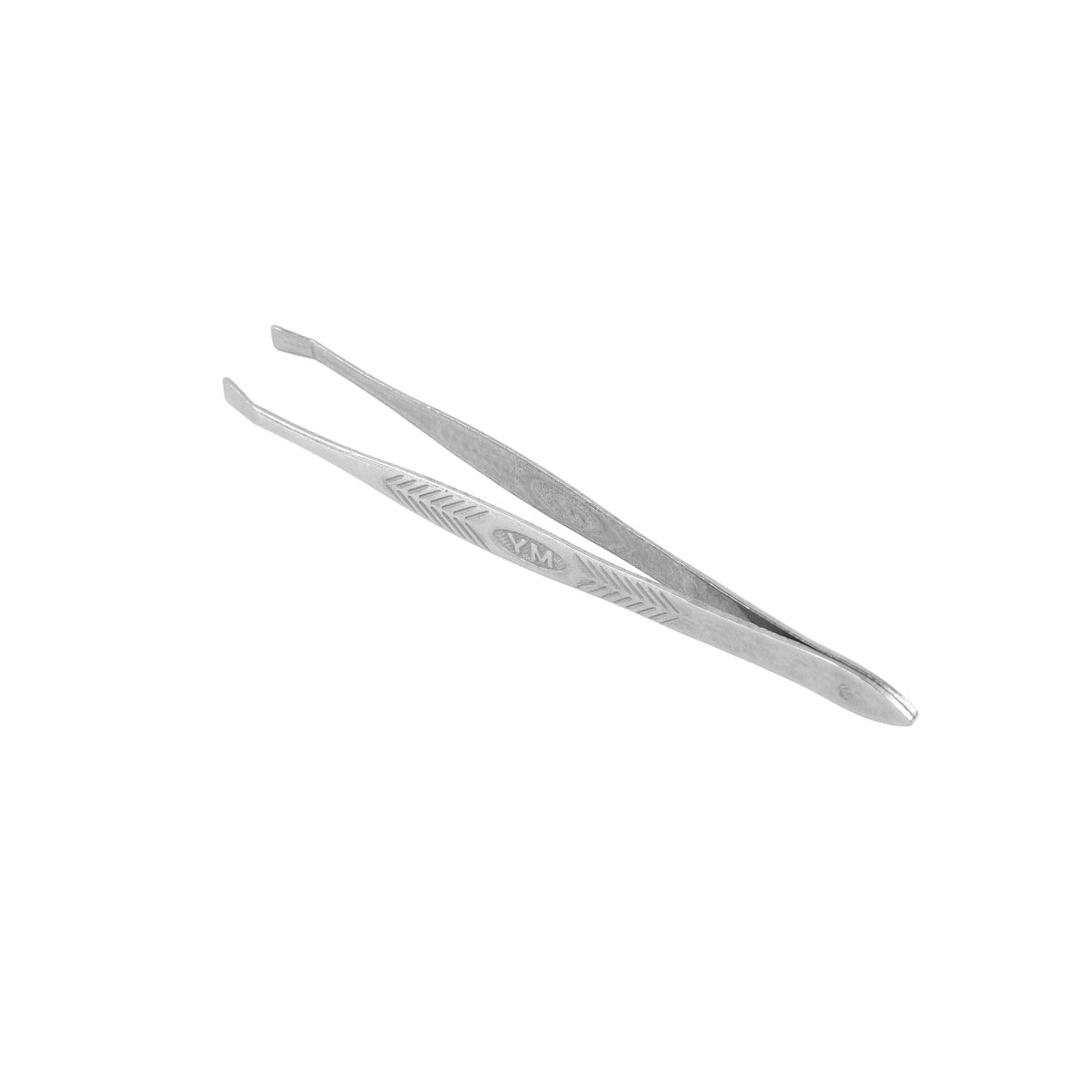 Stainless steel eyebrow tweezers with slanted tips.
