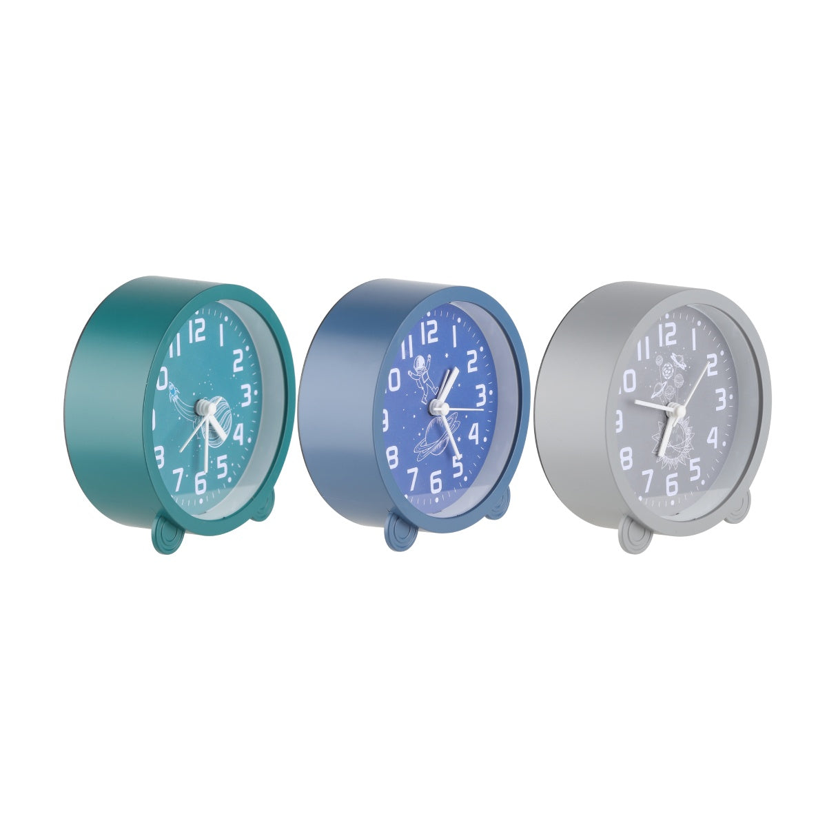 Round analog alarm clocks in green, blue, and gray colors.