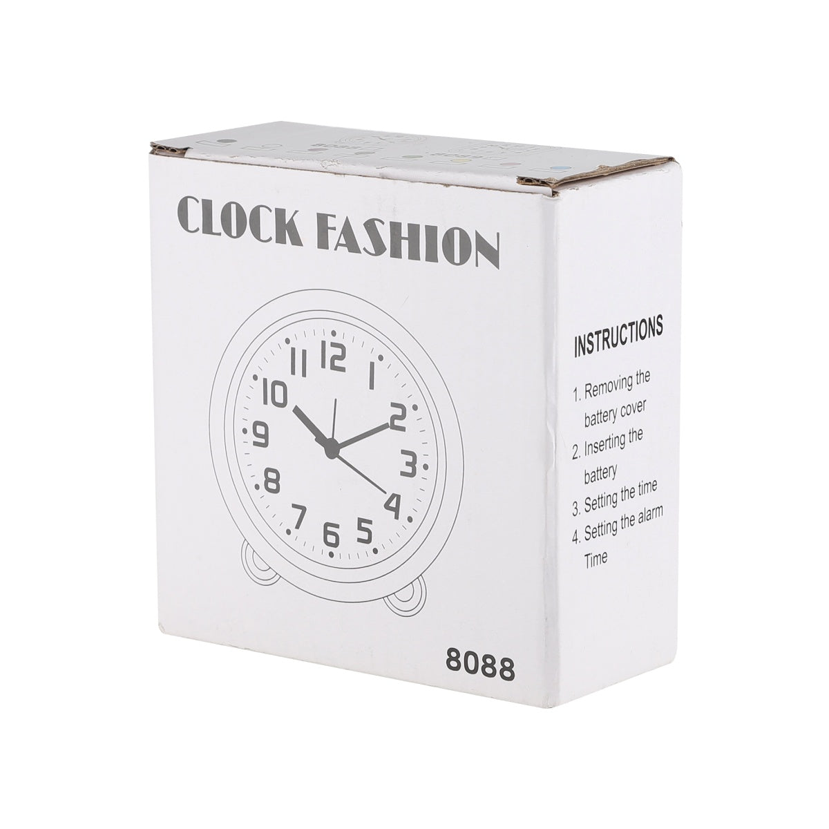 Box packaging for analog round alarm clock with clock illustration.