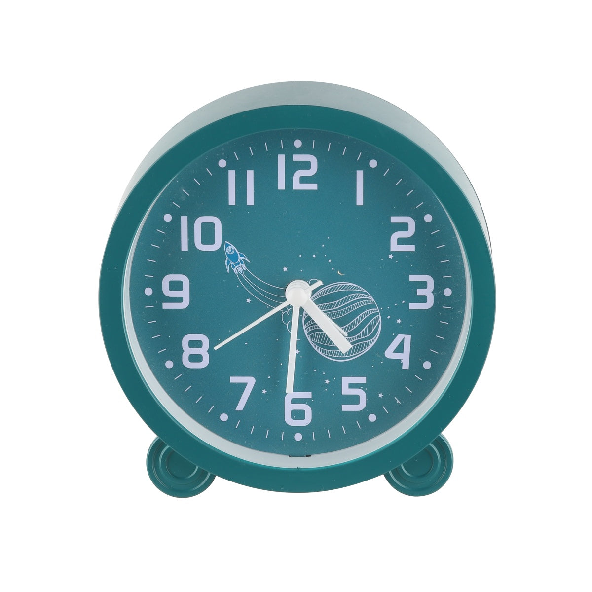 Teal color alarm clock with dual stand feet and white dial.