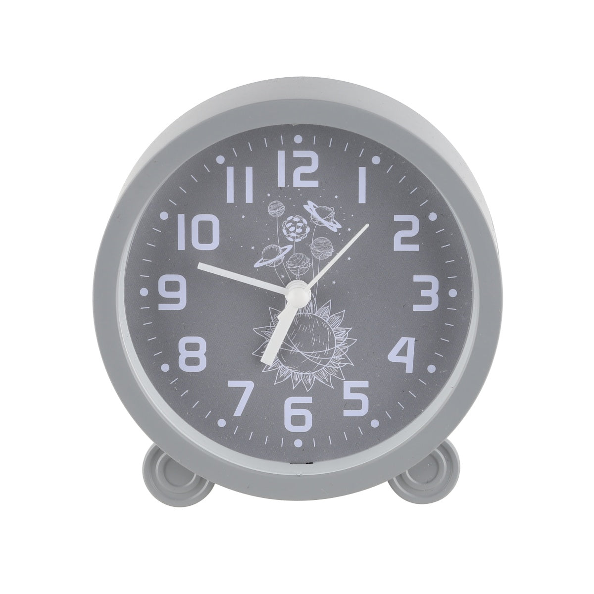 Gray analog alarm clock with black dial and metallic finish.