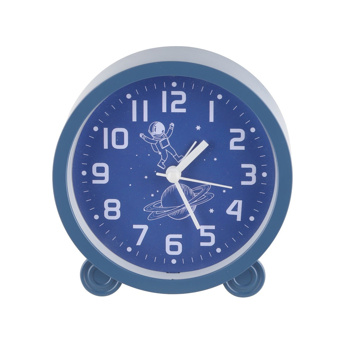 Dark blue alarm clock with white hands and bold numbers.
