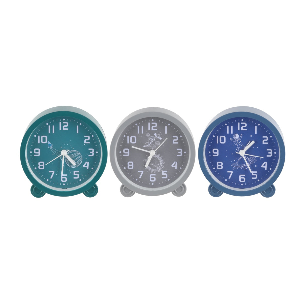 Lineup of round alarm clocks in green, gray, and blue variations.