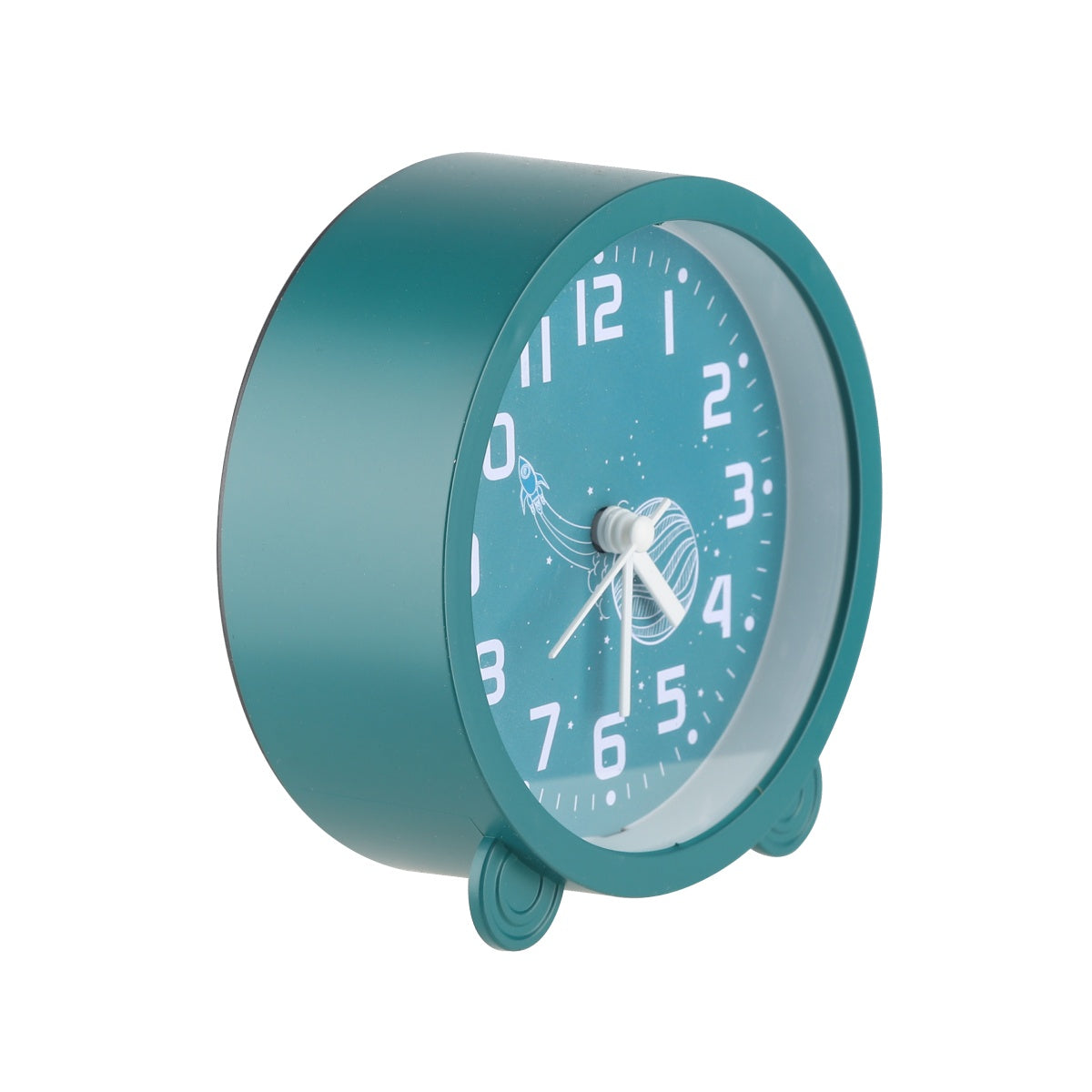Close-up of green analog alarm clock with white numerals.