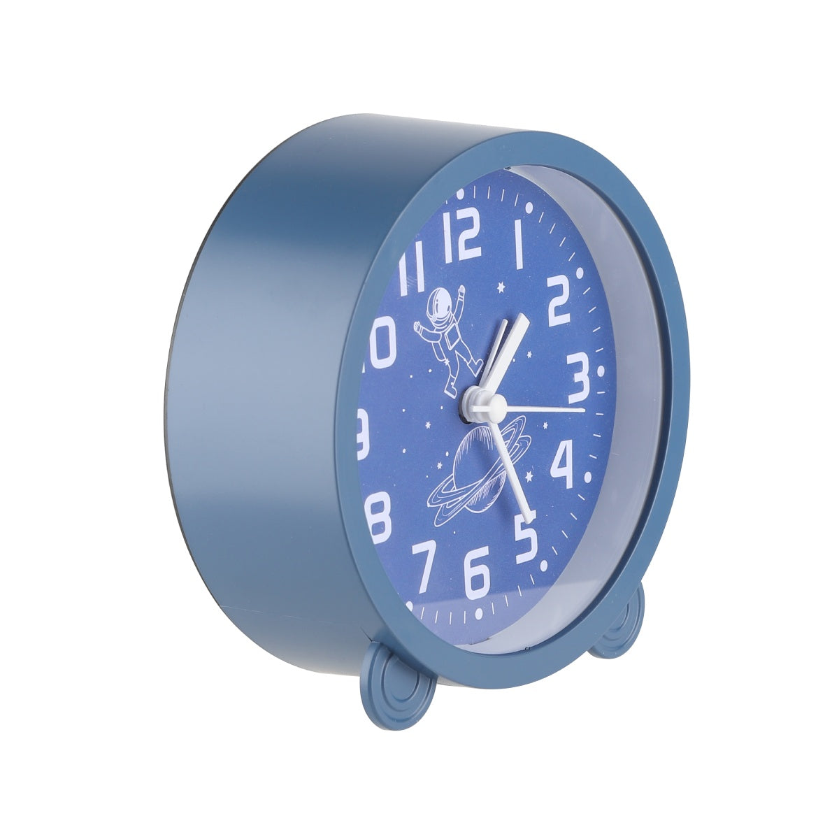 Blue round alarm clock shown from the right side.