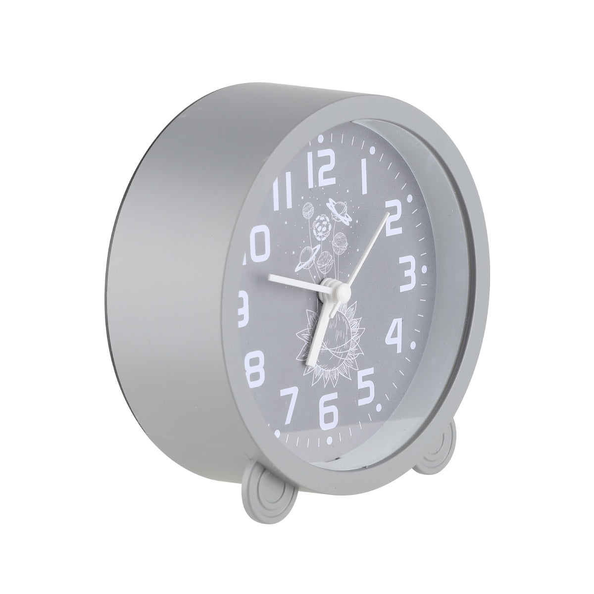 Side view of gray analog alarm clock with silver rim.