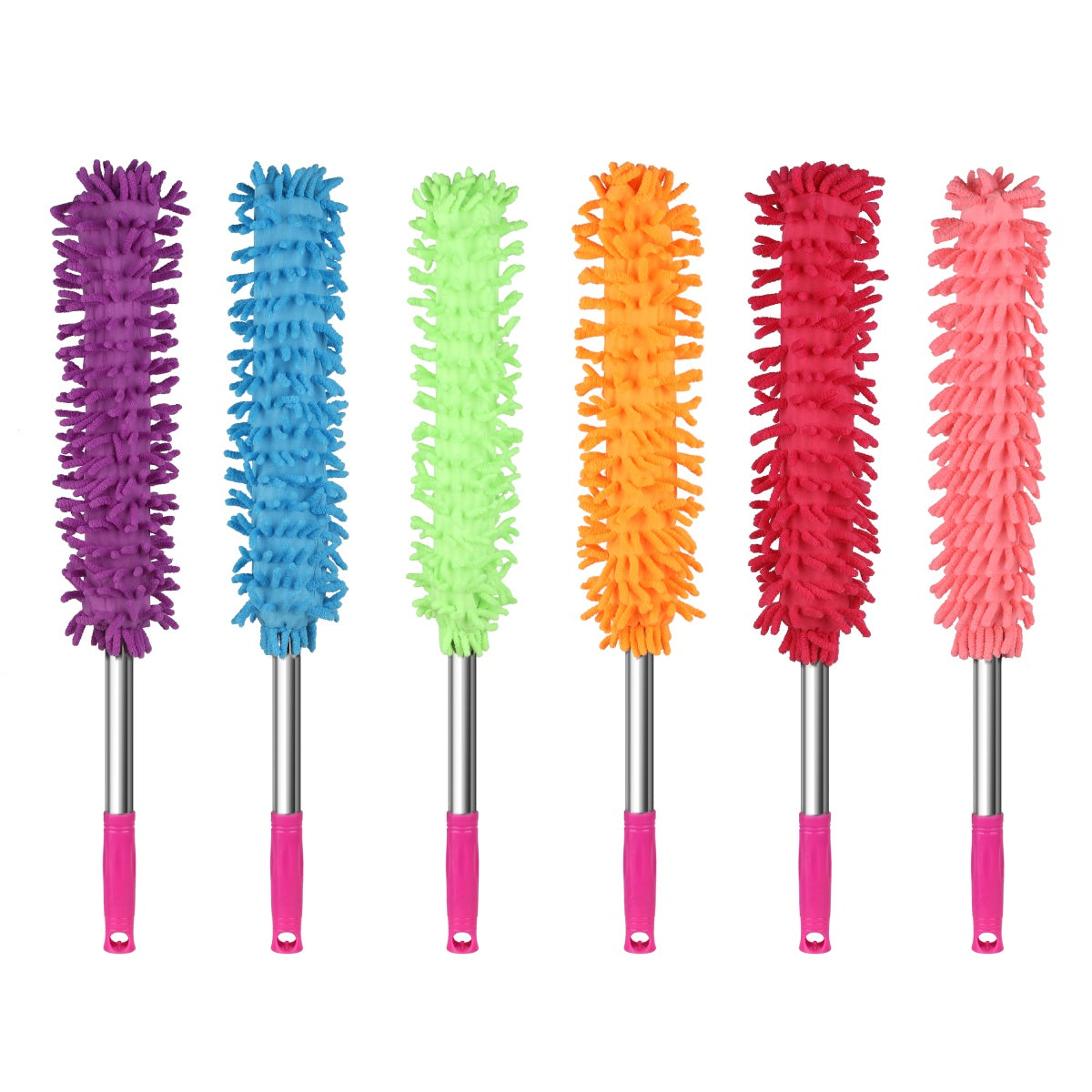Assorted microfiber dusters in purple, blue, yellow, green, red, and orange.