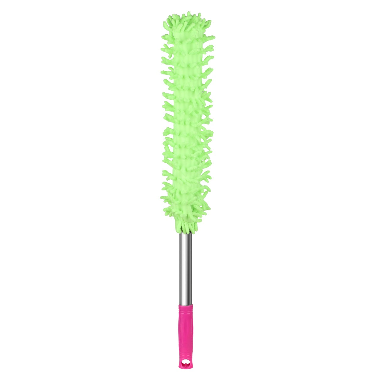 Green microfiber cleaning duster with pink handle.