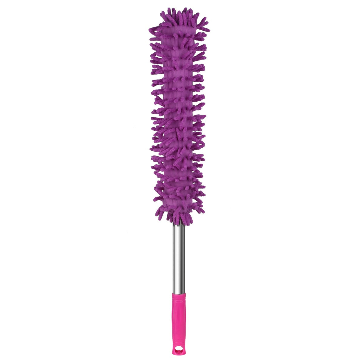 Purple microfiber duster with soft pink handle.