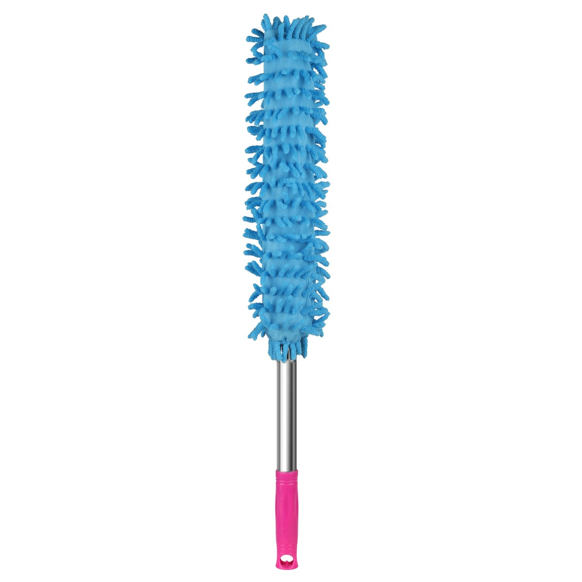 Blue microfiber duster with pink handle, ideal for cleaning.