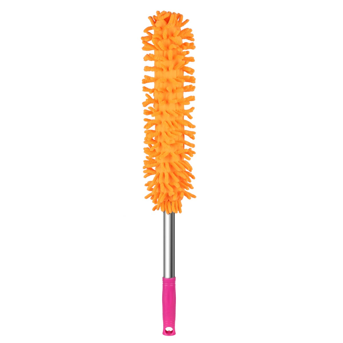 Orange microfiber duster with pink handle, 52cm long.