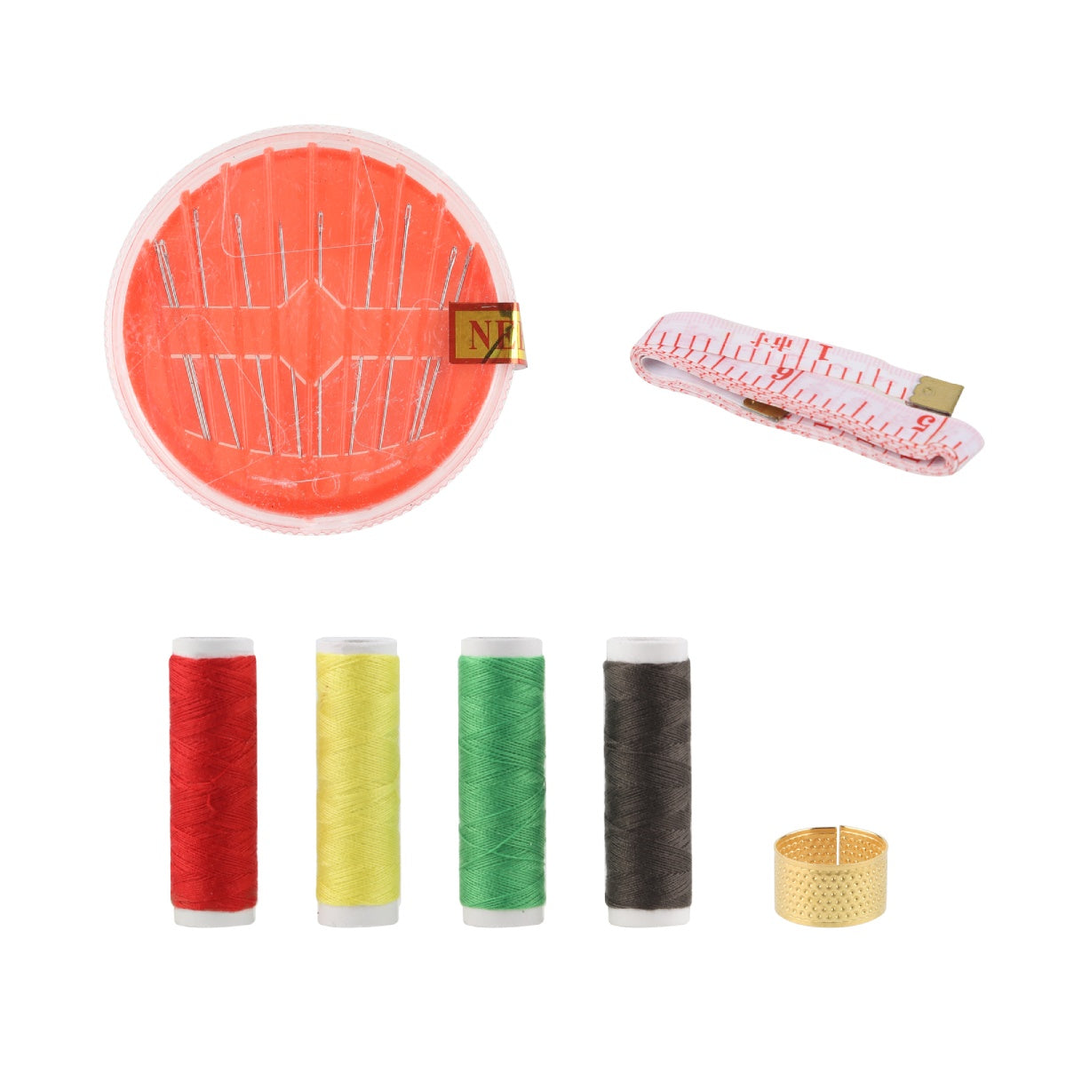 Full contents of sewing kit including threads, needle wheel, thimble, and threader.