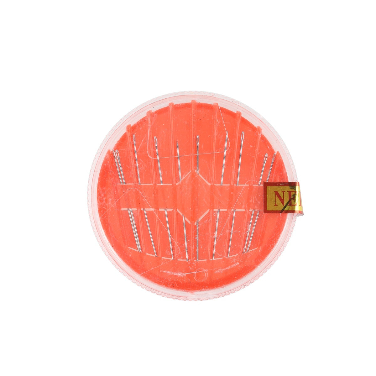 Round red needle case with multiple hand sewing needles.