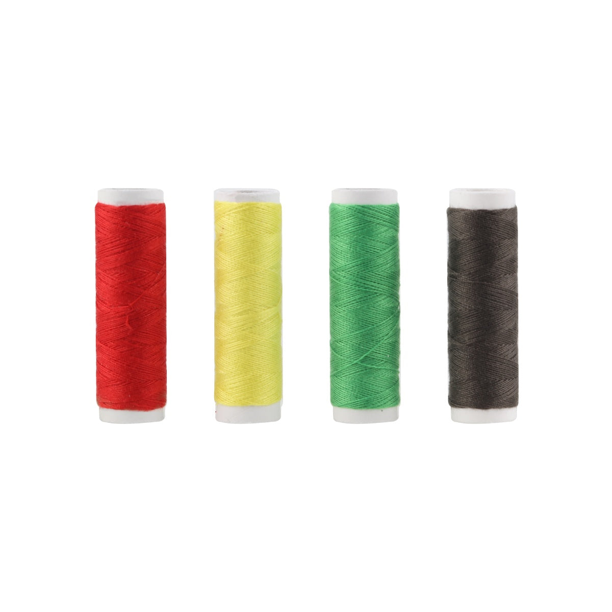 Four colored thread spools – black, green, red, and yellow.