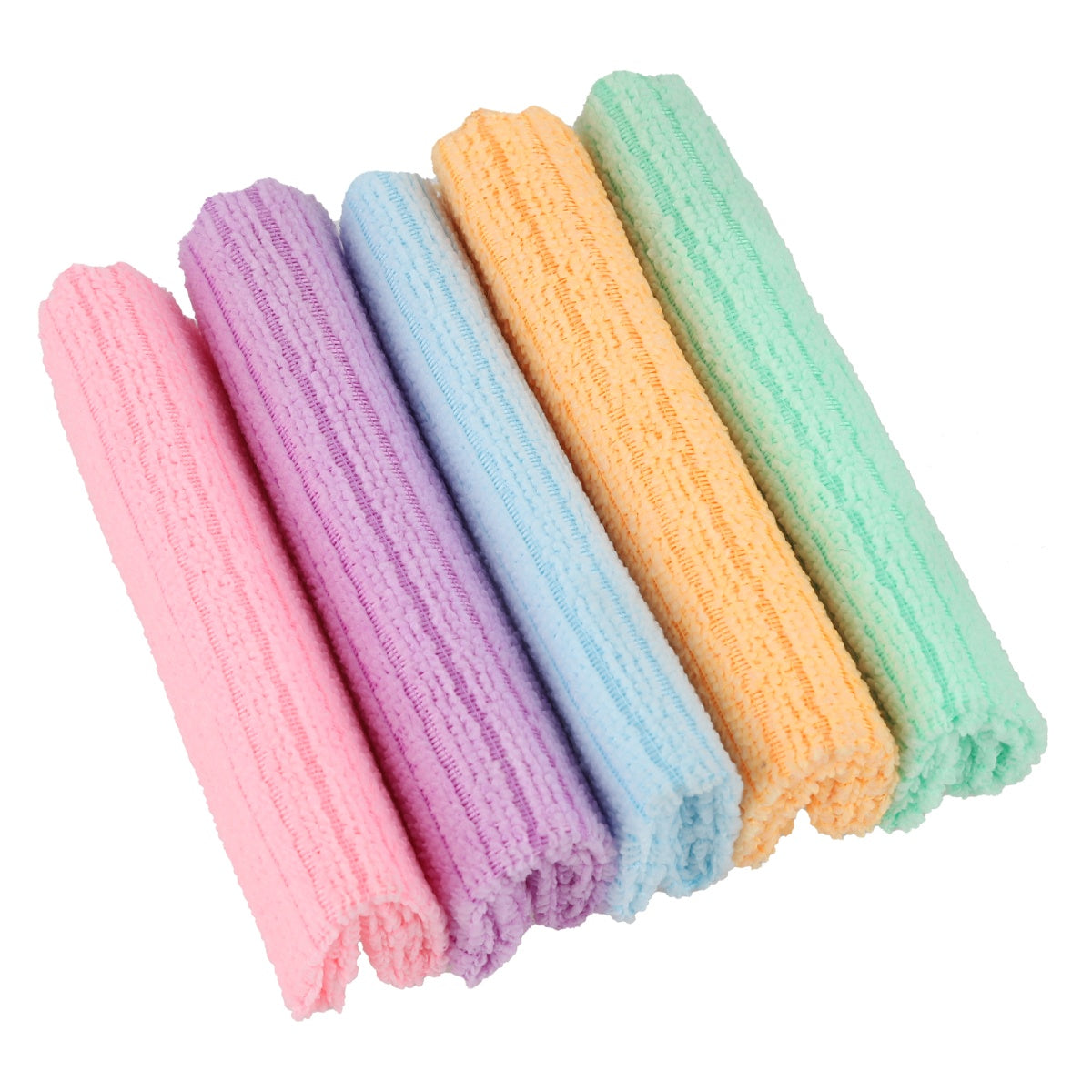 Rolled microfiber cleaning towels in assorted colors.