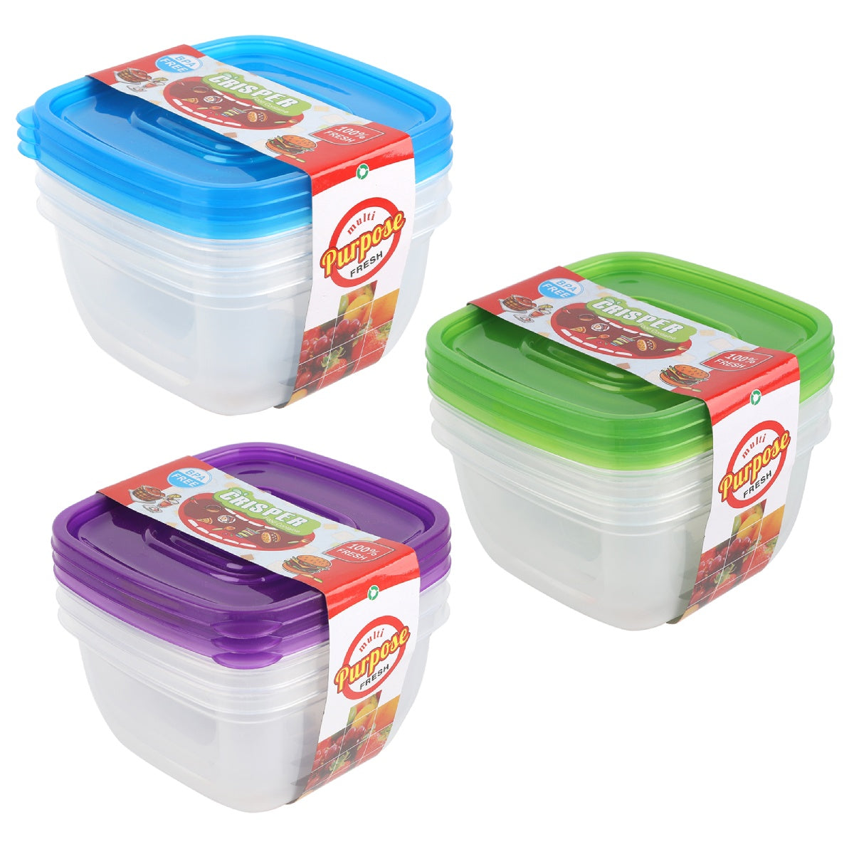 Set of 3 plastic food saver containers with colored lids.